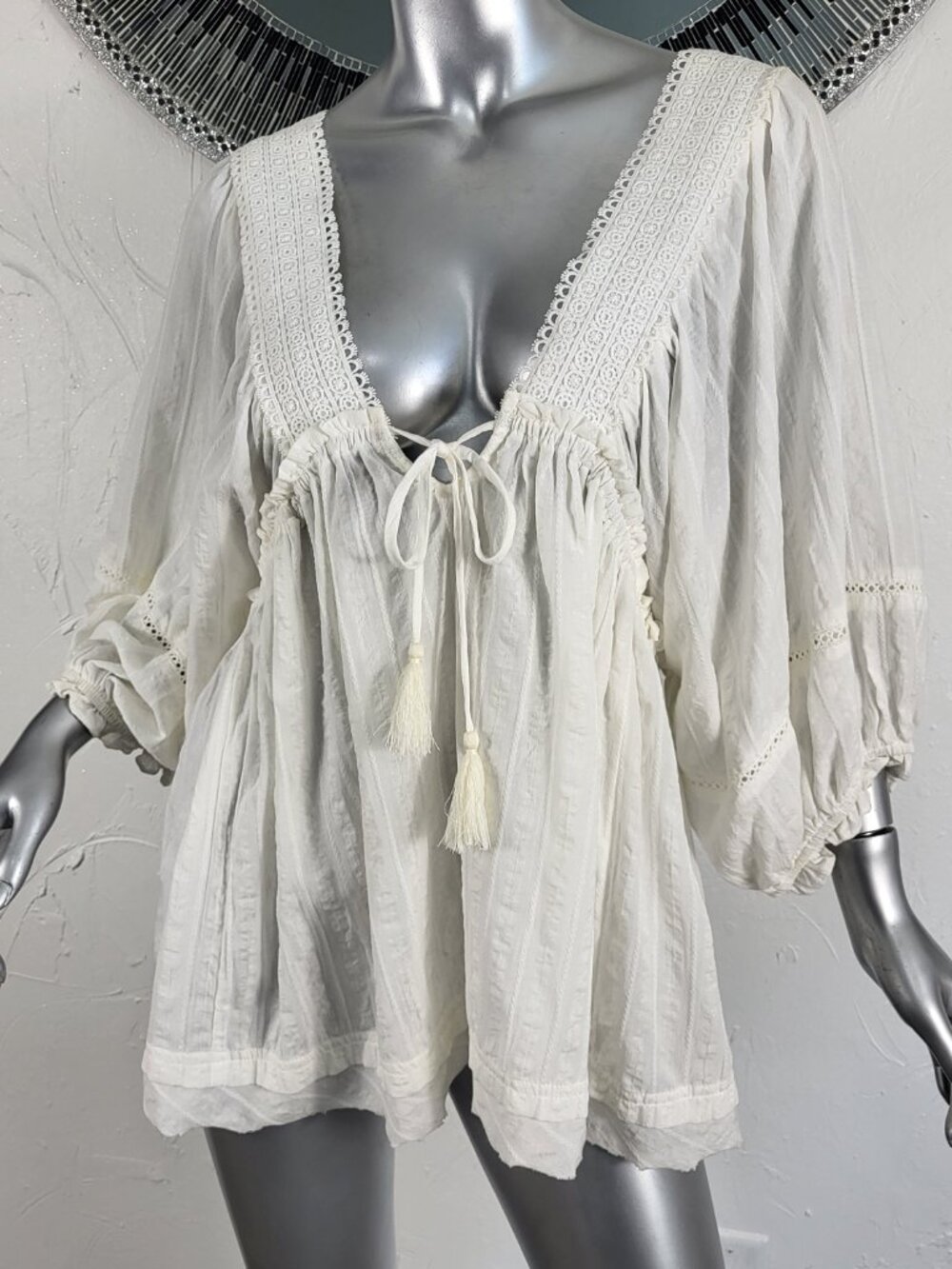 BOHME~XL~IVORY OFF WHITE LACE BOHO HIPPIE PEASANT TUNIC TOP BABYDOLL SMOCK